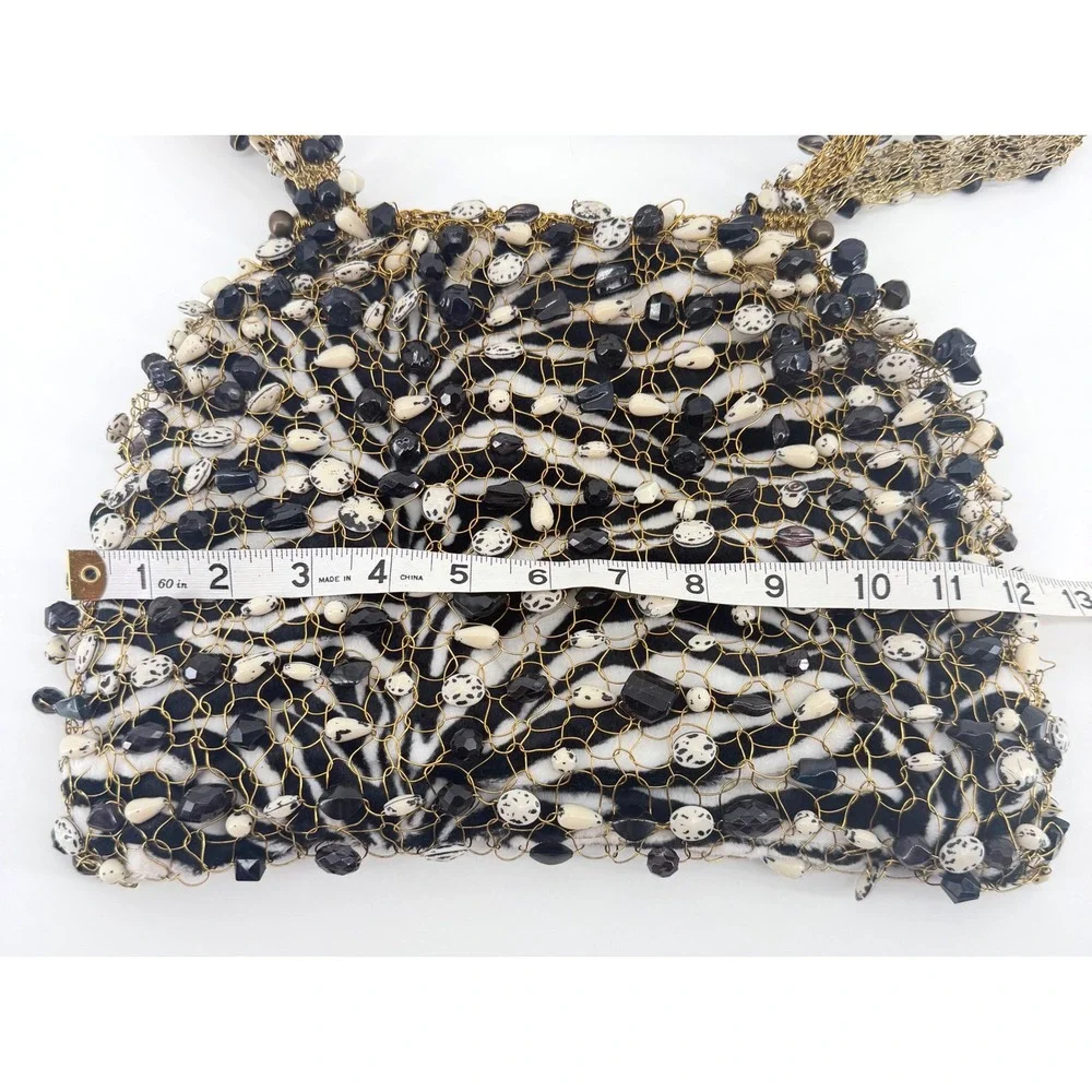 La Chica Chic Brazil Zebra Print Beaded Wire Mesh Shoulder Bag Black White Gold